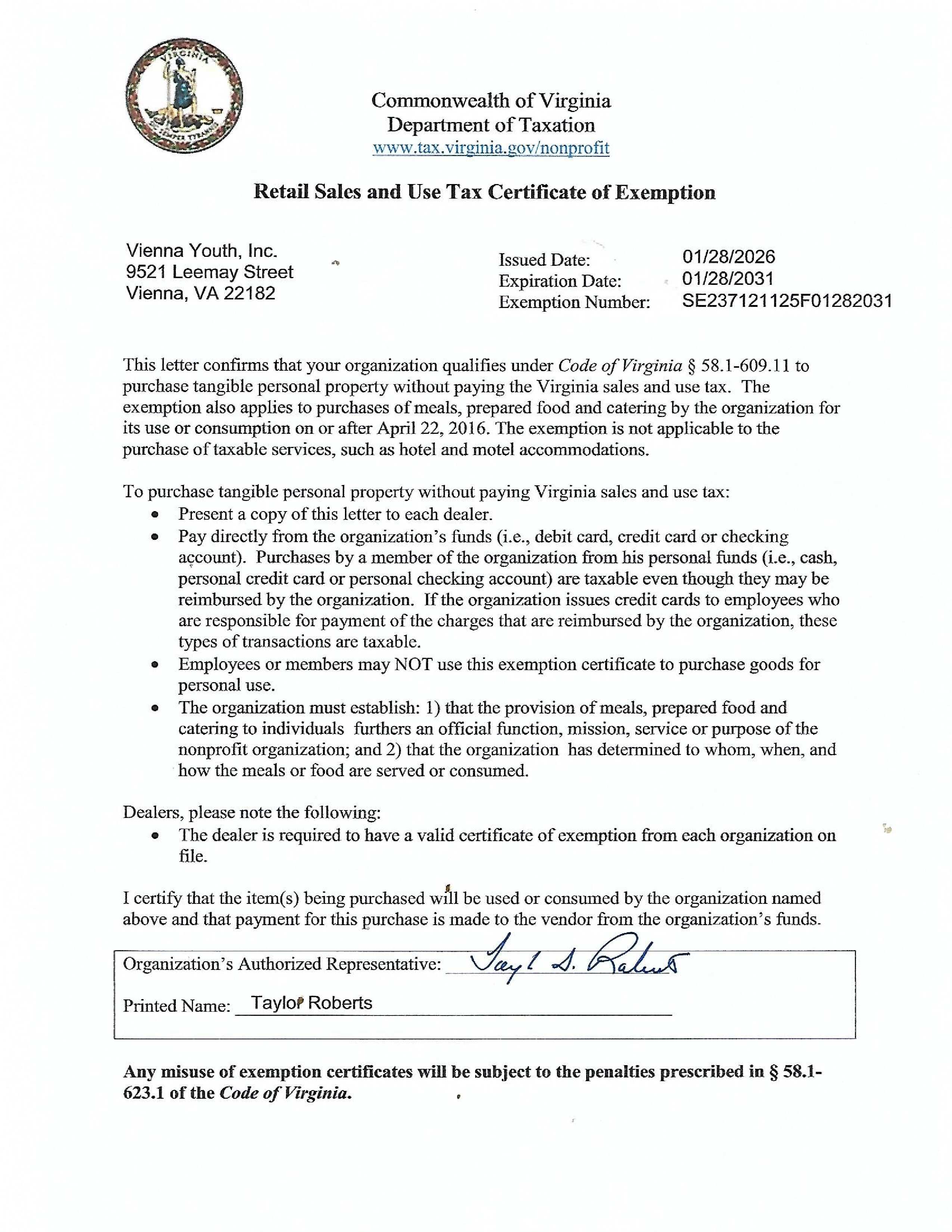 Sales Tax Exemption through 2031