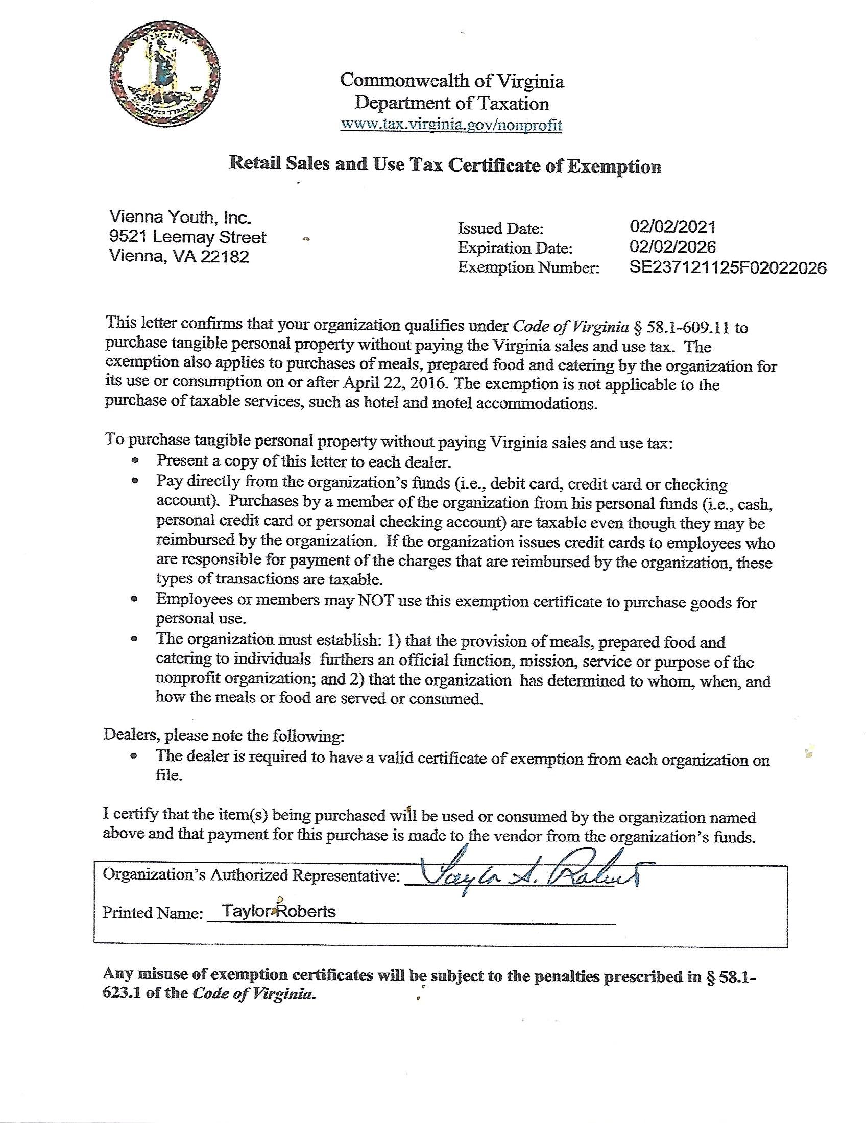 Sales Tax Exemption Letter